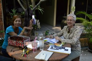 Mary Barron meeting with Bangon Khaikratok to discuss materials and workshop logistics for the project