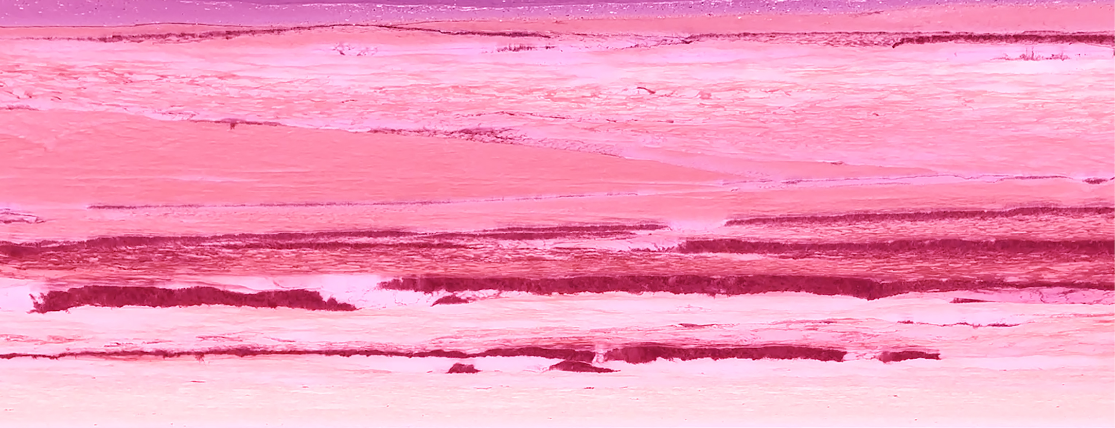 Abstract inverted seascape in layered shades of pink and violet, where horizontal bands of waves blur the boundary between ocean and sky, creating a hypnotic, disorienting sense of motion and suspended perspective.
